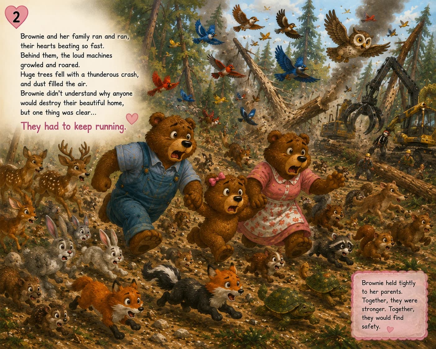 Brownie the Bear excerpt page — Brownie and her family running through the forest as it is cleared by logging machines