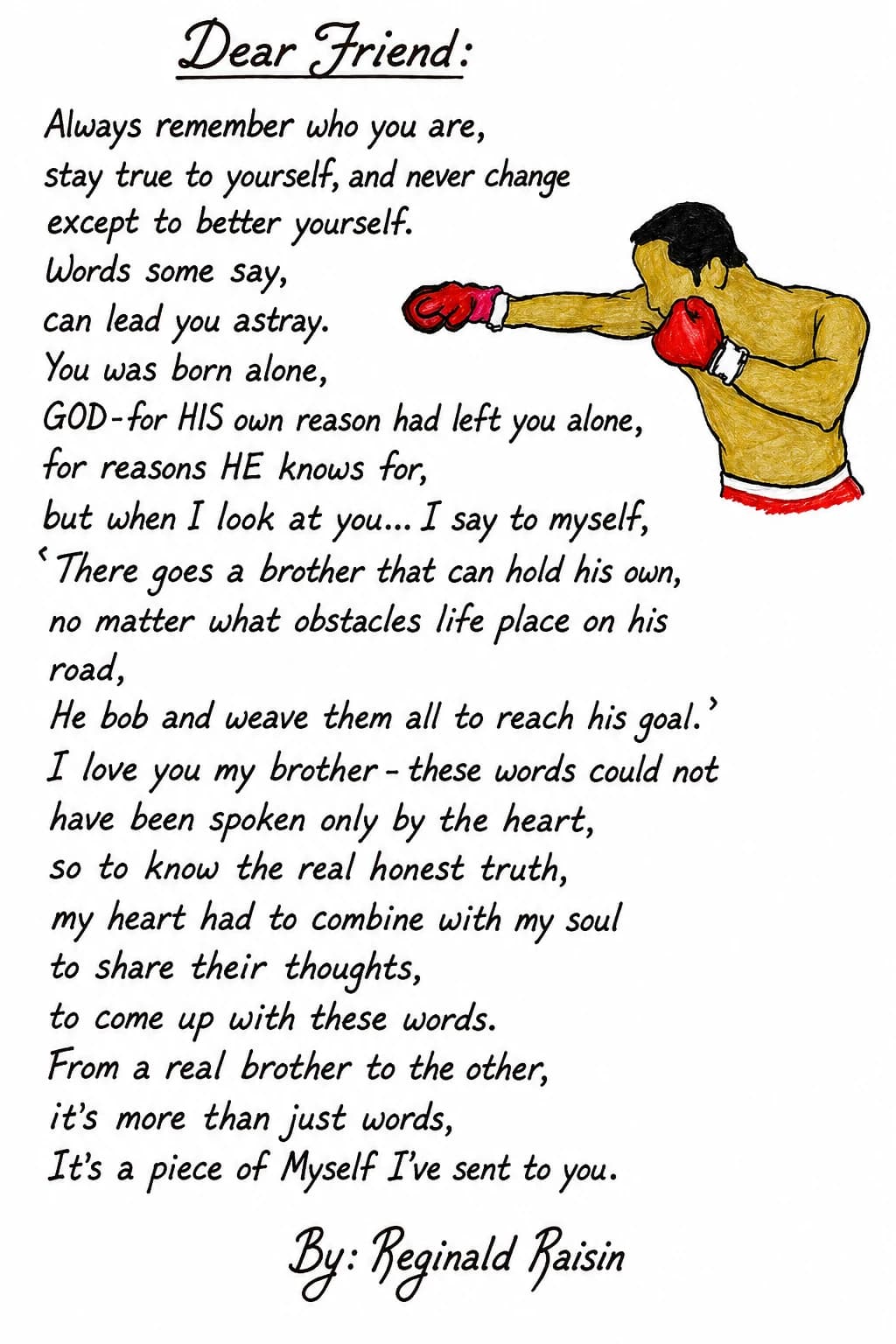 Dear Friend, a poem by Reginald Raisin from Spreading The Message, illustrated with a boxer throwing a punch