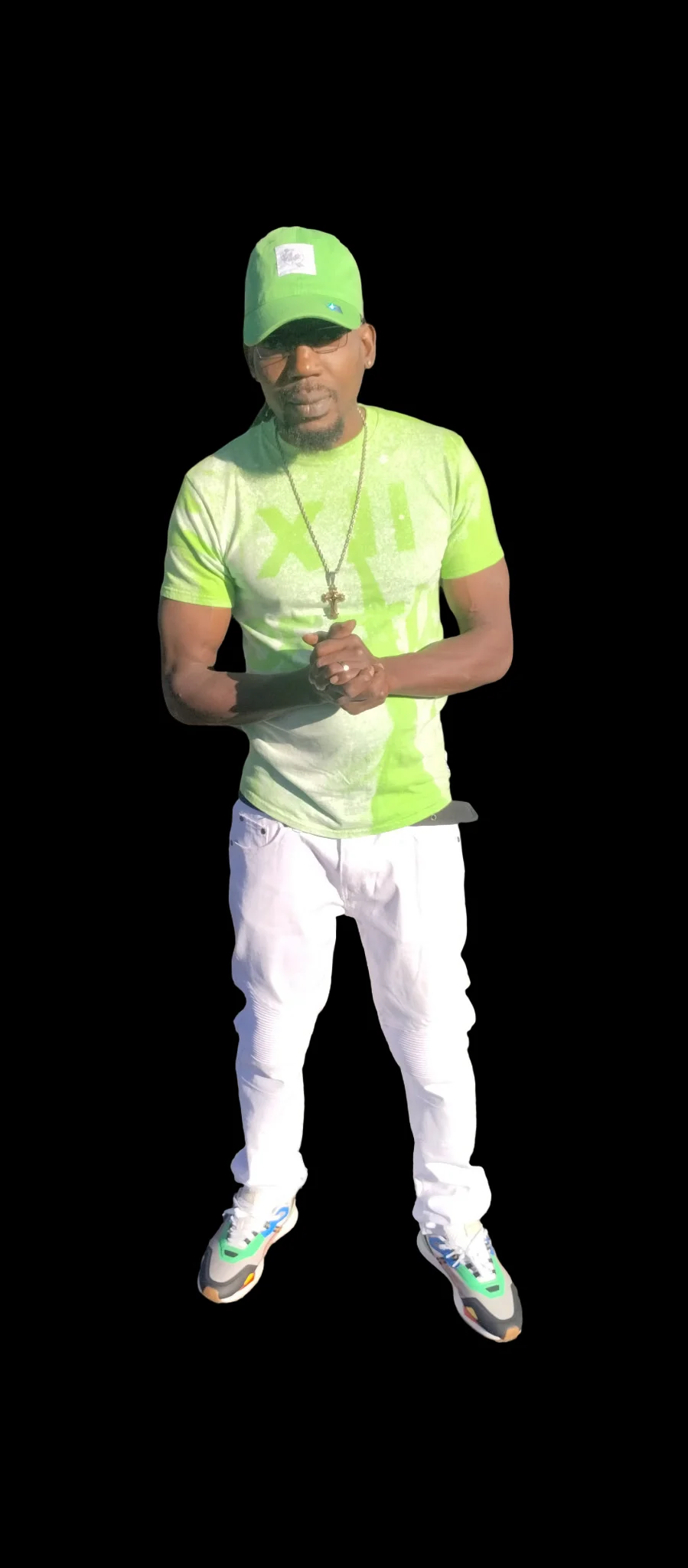 Man in a neon green XII SEEDS tee and matching cap