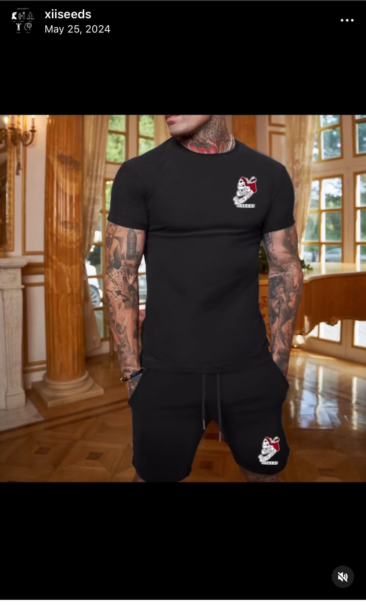 Men's black t-shirt and shorts set with XII SEEDS logo